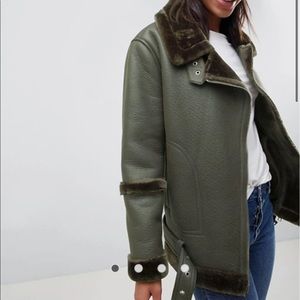 ASOS Faux Fur-Trim Aviator Jacket -Green- LIKE NEW